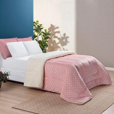 Edredom Coberdrom Romantico Poá King Sherpa E Manta Flannel - Rosa