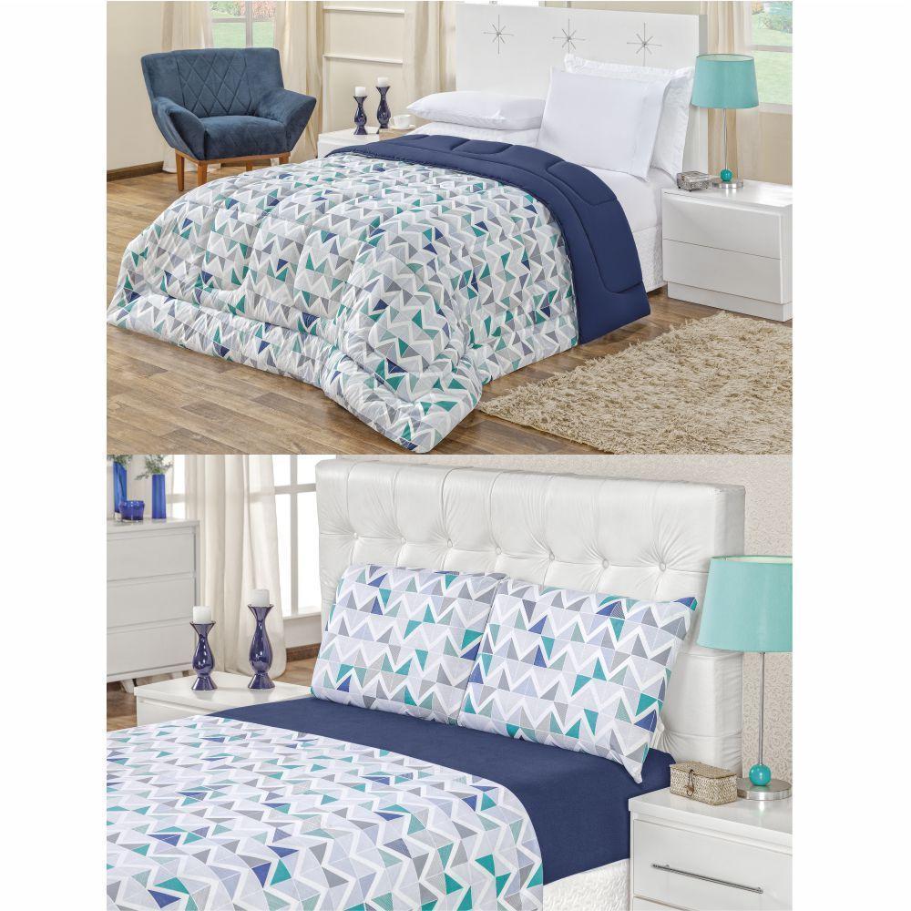 Kit Edredom Malha 100% Algodão King Dupla Face 7 Peças + Lençol - Azul - 1