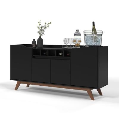Buffet Aparador 4 Portas Com Adega Pés Em Madeira Maciça Luxo 152cm Preto