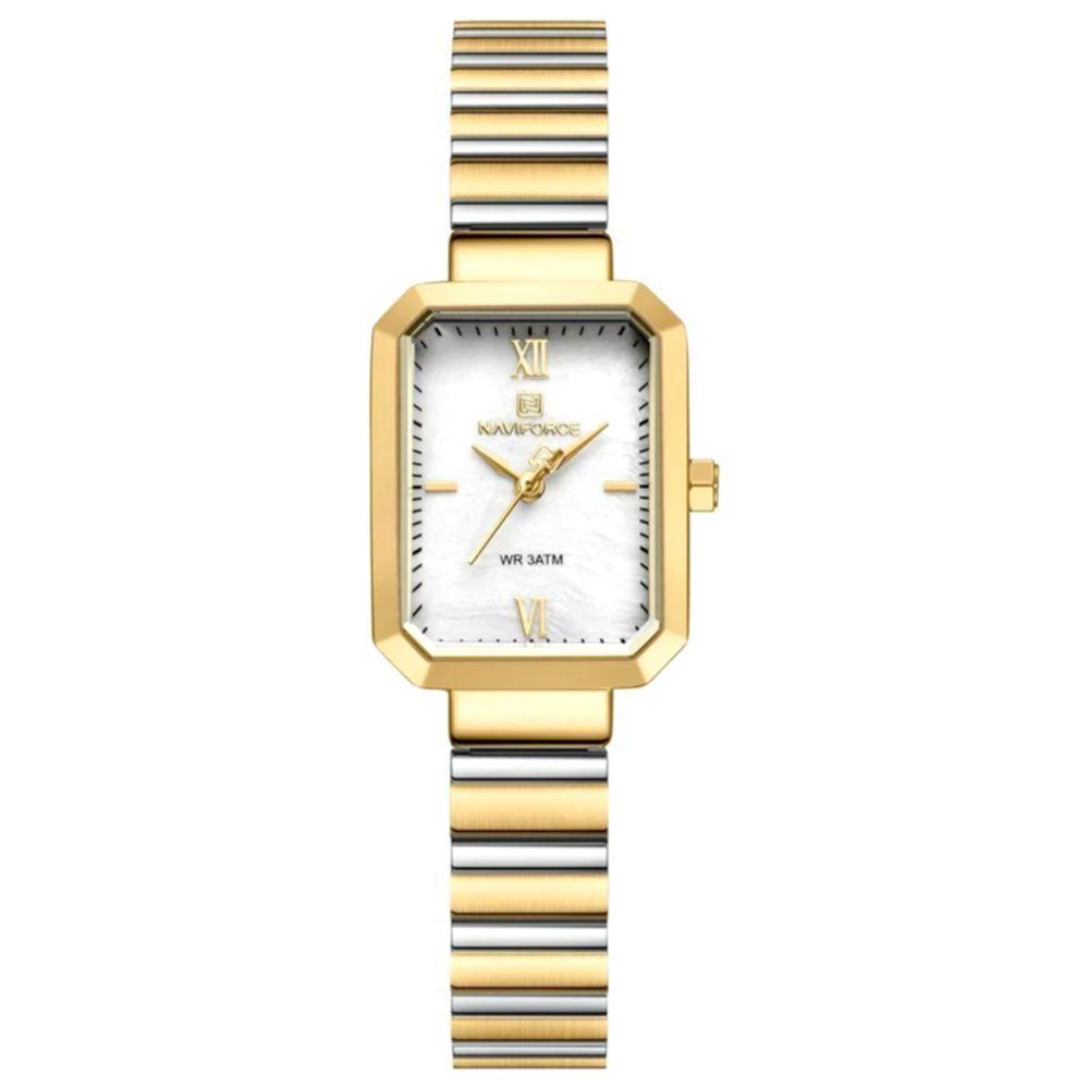 Relógio Para Mulheres Em Aço Inoxidável De Quartzo Design Quadrado à Prova D´agua Branco Dourado - 1