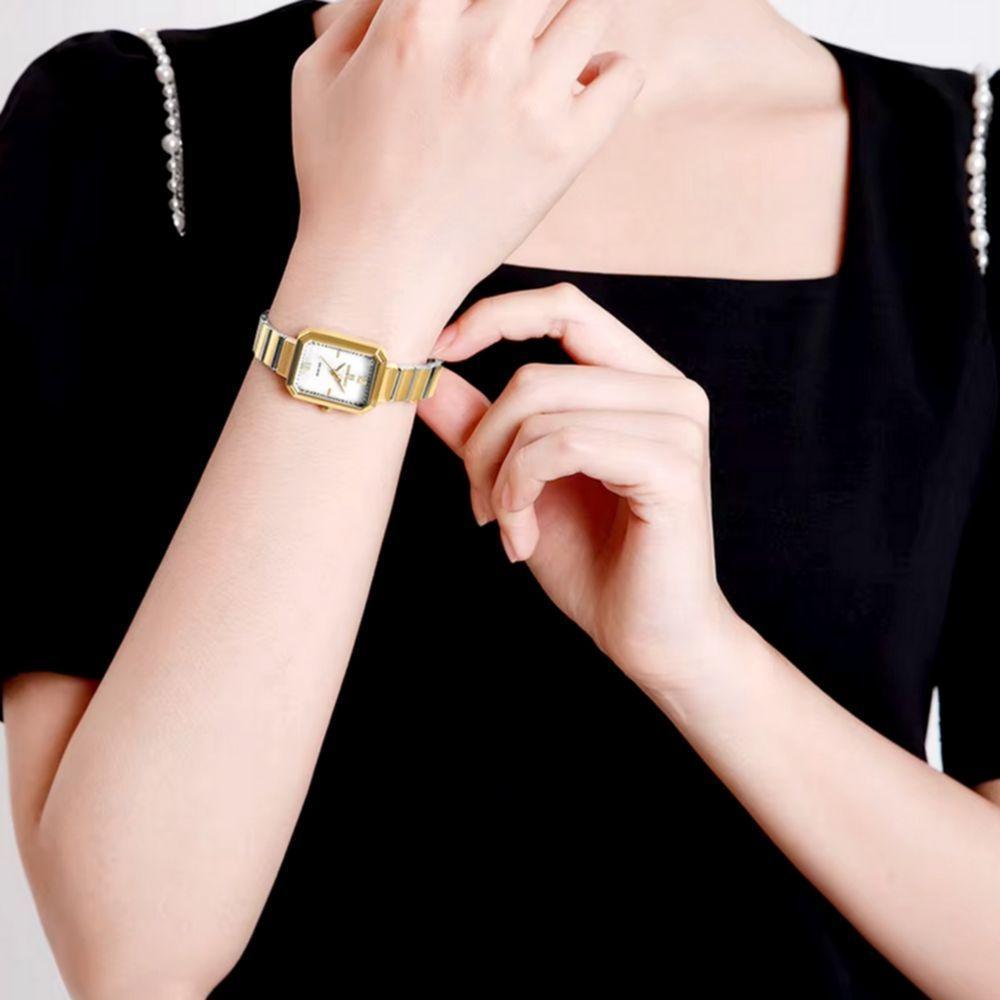 Relógio Para Mulheres Em Aço Inoxidável De Quartzo Design Quadrado à Prova D´agua Branco Dourado - 2