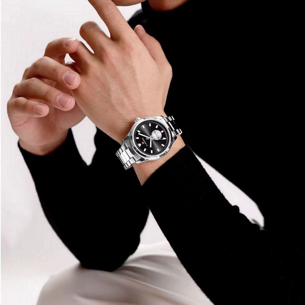 Relógio Masculino De Quartzo Esportivo Com Cronógrafo Em Aço Inoxidavel Impermeavel Preto Prata - 2