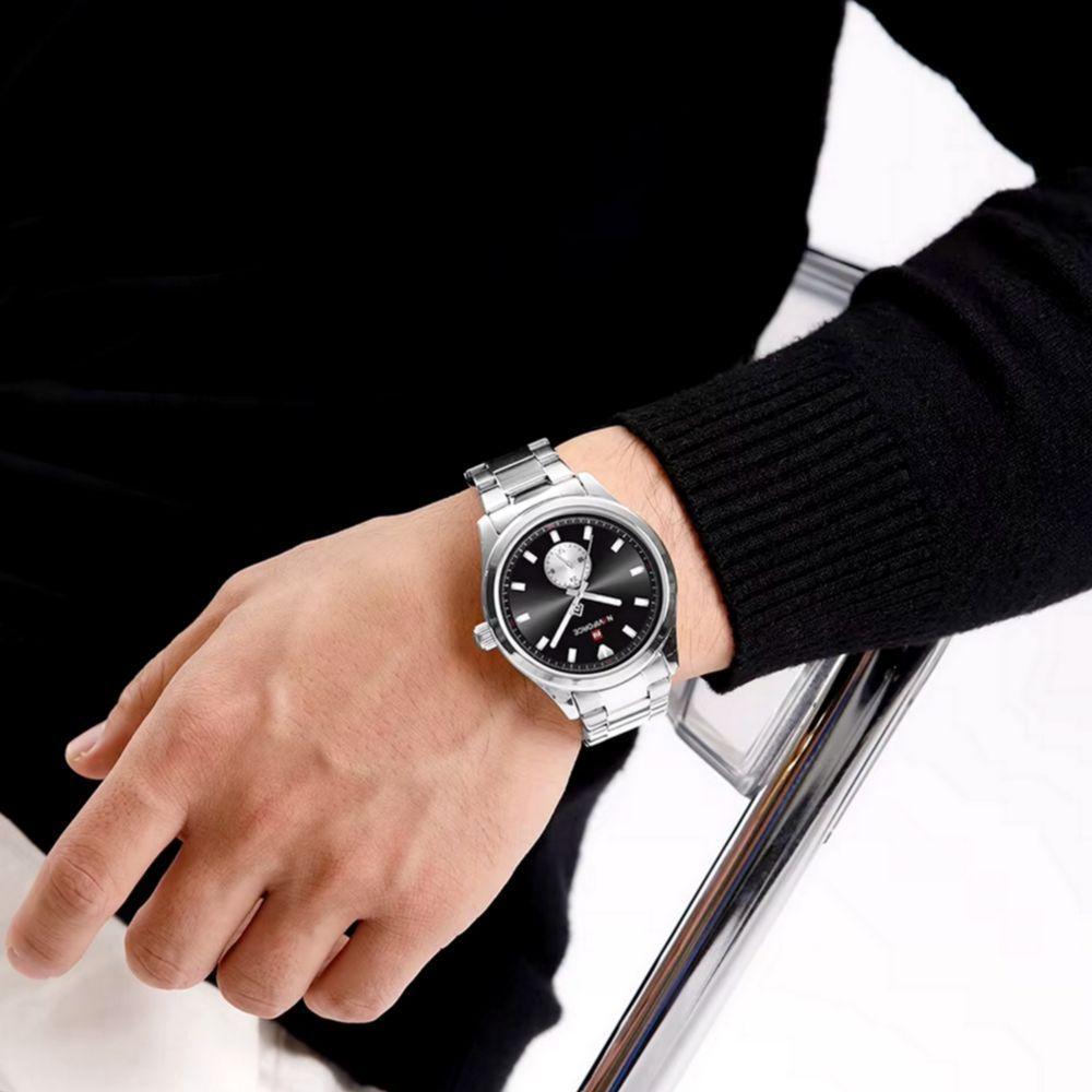 Relógio Masculino De Quartzo Esportivo Com Cronógrafo Em Aço Inoxidavel Impermeavel Preto Prata - 3