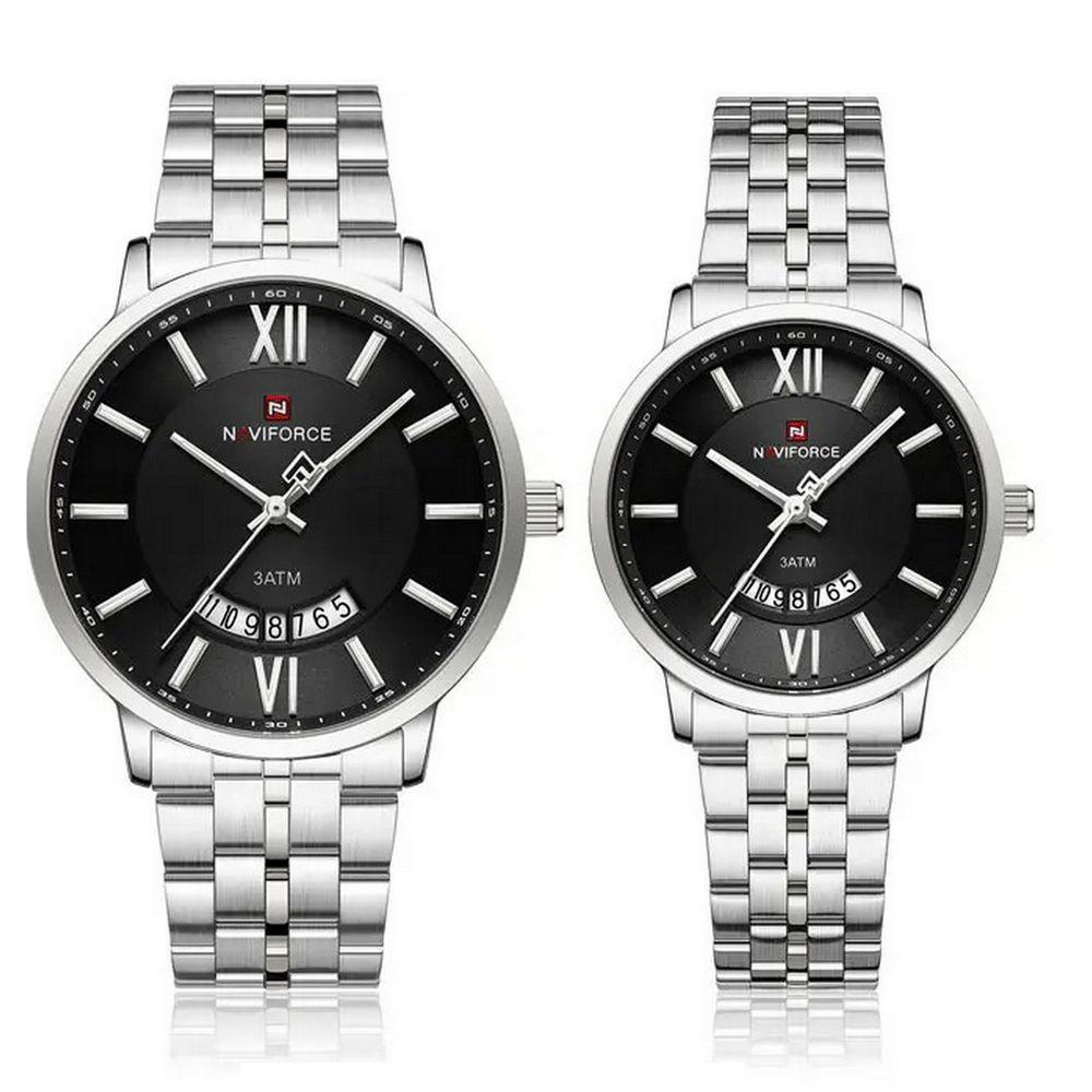 Relogio De Pulso Conjunto Casal Em Aço Inoxidável De Quartzo Design Casual Impermeavel 3atm Preto Prata - 1