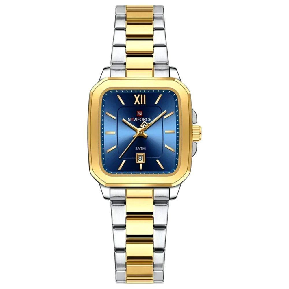 Relógio De Quartzo Feminino Casual Mostrador Quadrado Pulseira Em Aço Inoxidável Impermeavel Azul Dourado - 1