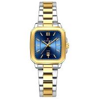 Relógio De Quartzo Feminino Casual Mostrador Quadrado Pulseira Em Aço Inoxidável Impermeavel Azul Dourado - 1