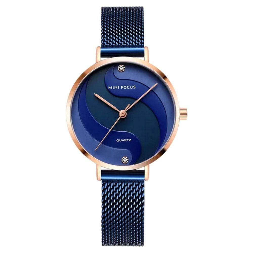 Relógio De Quartzo Feminino Display Analógico De Malha Em Aço Inoxidavel Impermeavel Azul - 1