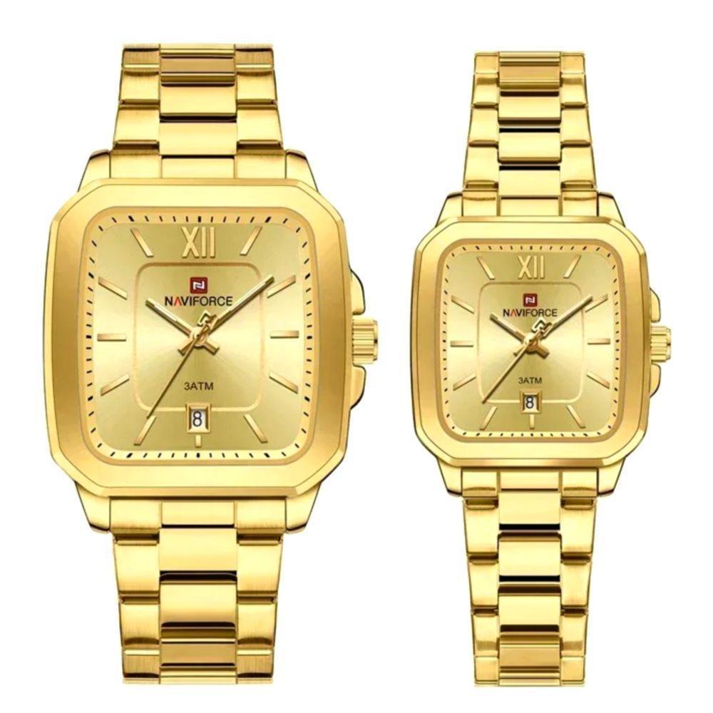 Relogios De Pulso Analógico Conjunto De Casal Em Aço Inoxidavel Design Quadrado Impermeavel Dourado - 1