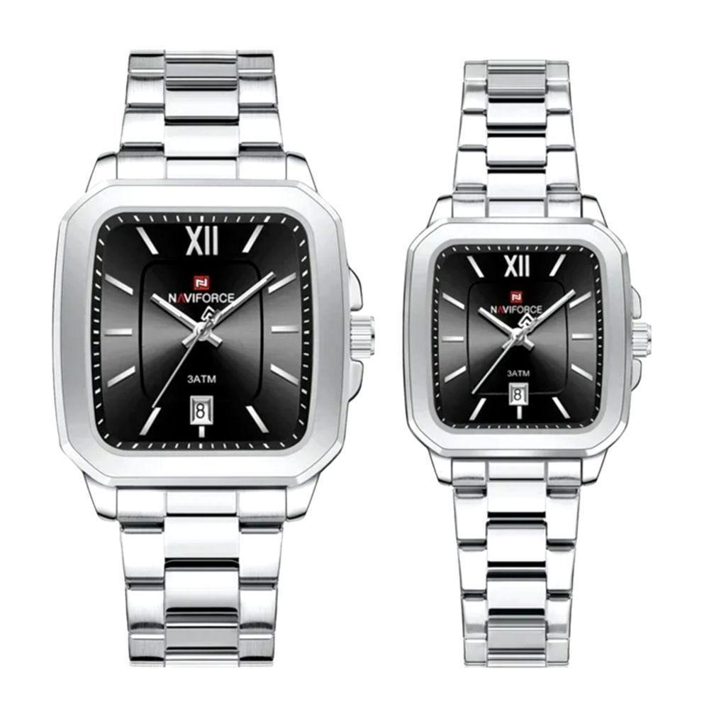 Relogios De Pulso Analógico Conjunto De Casal Em Aço Inoxidavel Design Quadrado Impermeavel Preto - 1