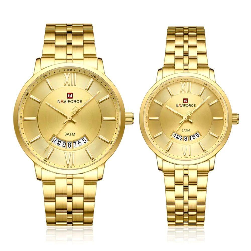 Relogio De Pulso Conjunto Casal Em Aço Inoxidável De Quartzo Design Casual Impermeavel 3atm Dourado - 1