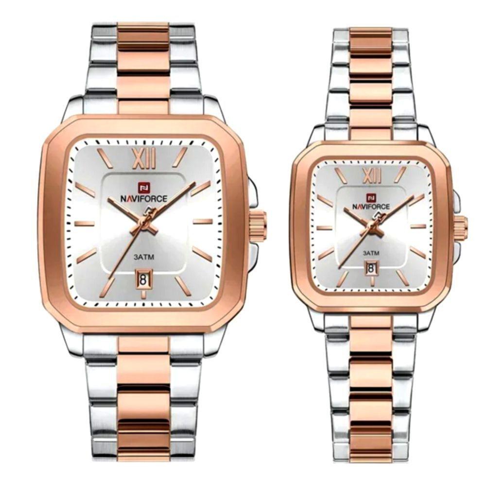 Relogios De Pulso Analógico Conjunto De Casal Em Aço Inoxidavel Design Quadrado Impermeavel Prata Rose - 1