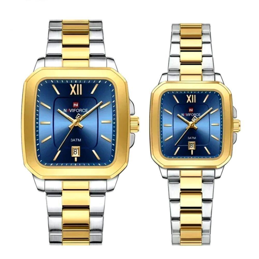 Relogios De Pulso Analógico Conjunto De Casal Em Aço Inoxidavel Design Quadrado Impermeavel Azul Dourado - 1