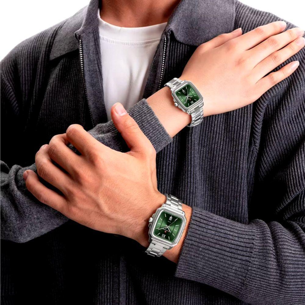 Relogios De Pulso Analógico Conjunto De Casal Em Aço Inoxidavel Design Quadrado Impermeavel Verde - 2
