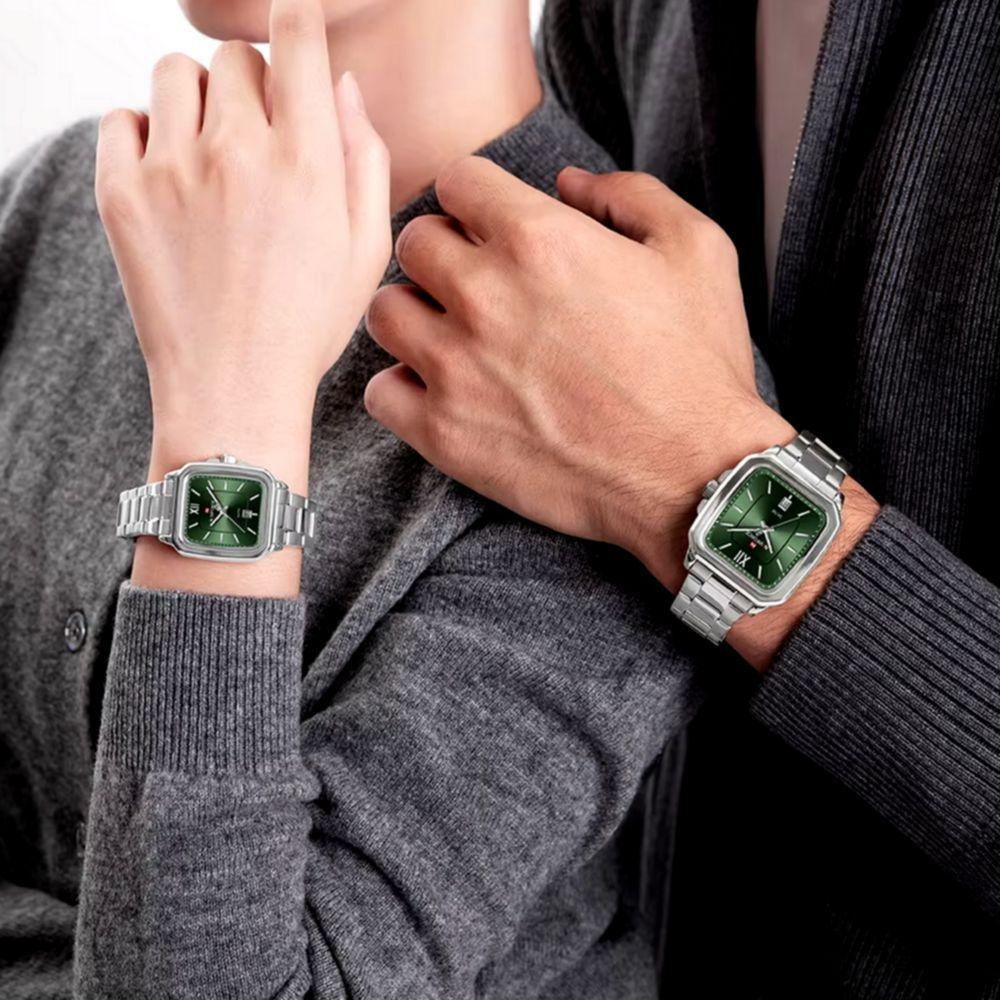 Relogios De Pulso Analógico Conjunto De Casal Em Aço Inoxidavel Design Quadrado Impermeavel Verde - 4