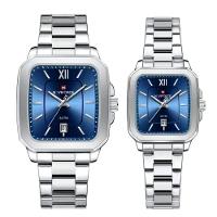 Relogios De Pulso Analógico Conjunto De Casal Em Aço Inoxidavel Design Quadrado Impermeavel Azul - 1