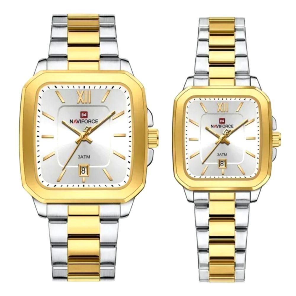 Relogios De Pulso Analógico Conjunto De Casal Em Aço Inoxidavel Design Quadrado Impermeavel Prata Dourado - 1