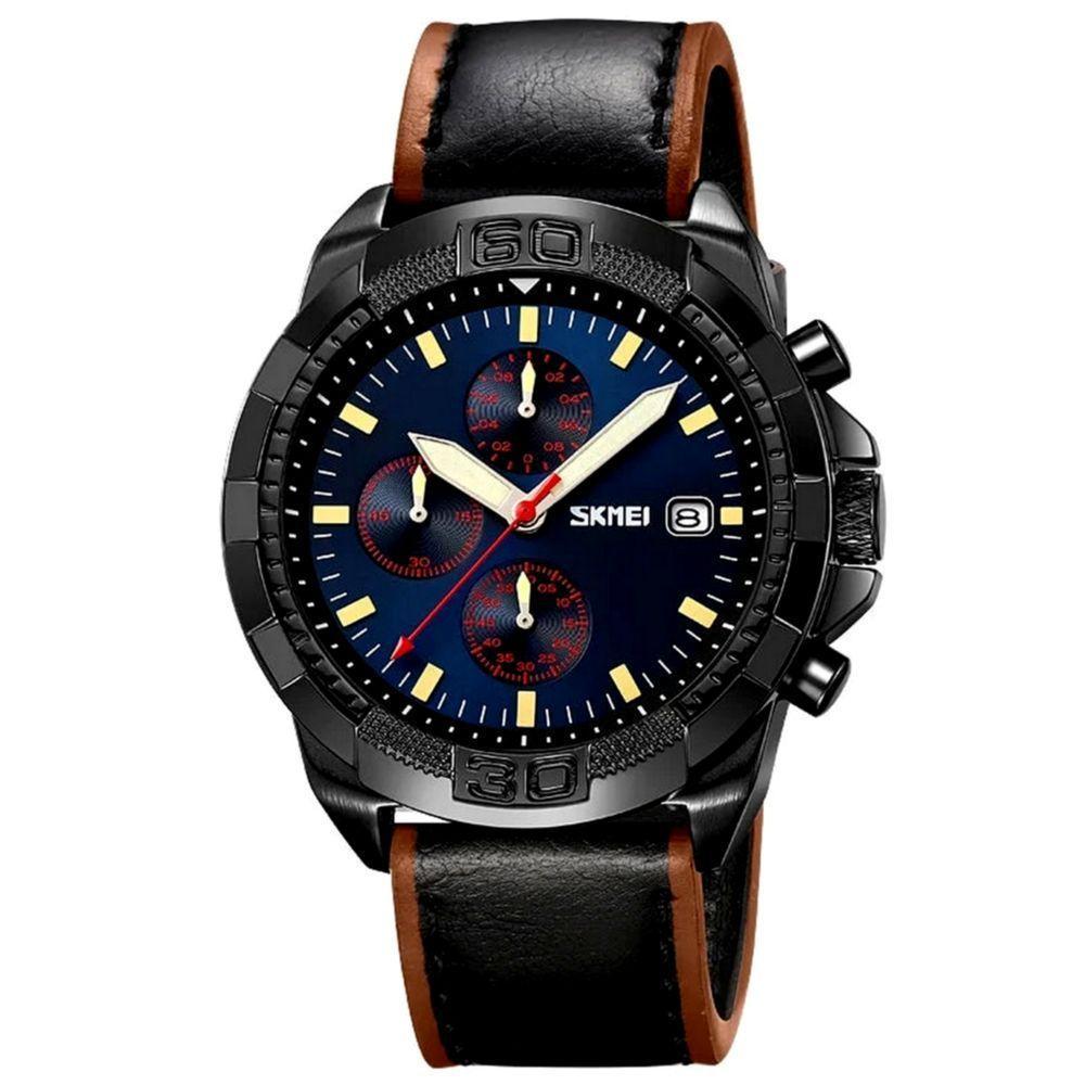 Relógio De Quartzo Masculino Pulseira De Couro Genuíno Multifuncional 3atm Impermeável Azul - 1