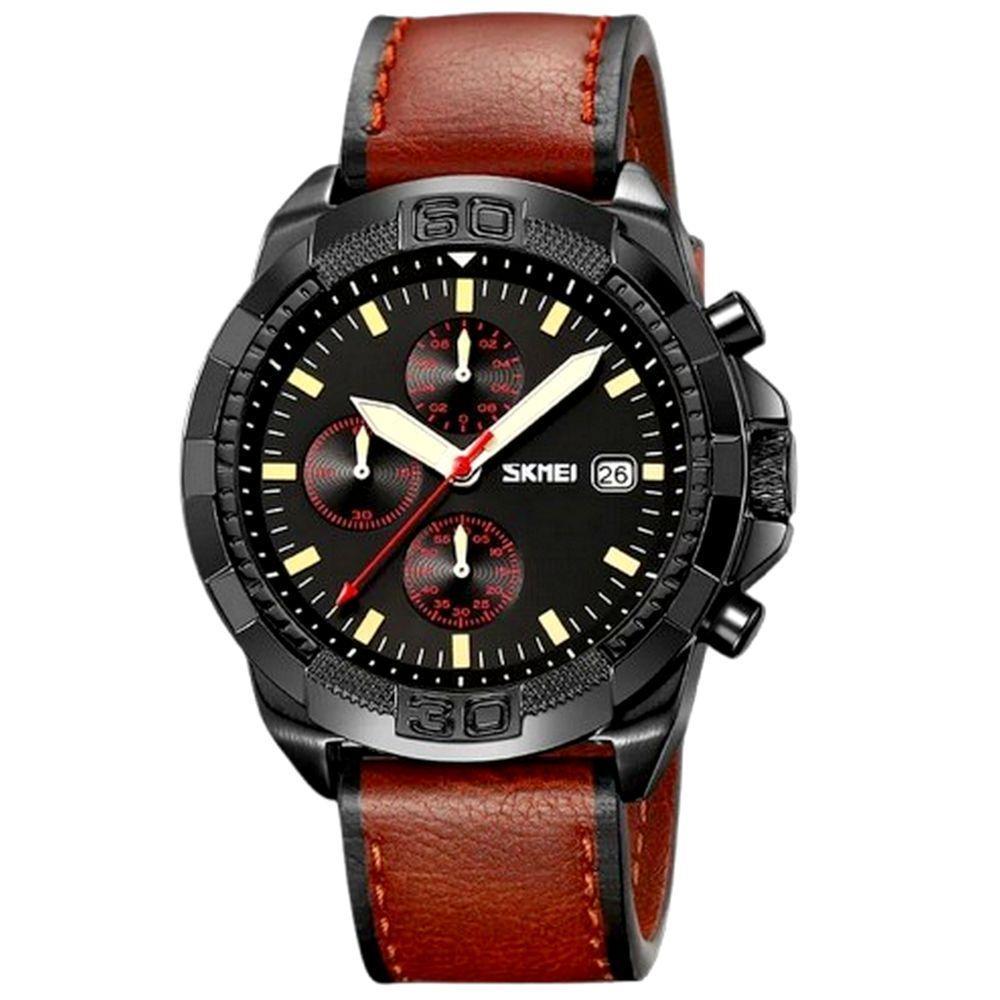 Relógio De Quartzo Masculino Pulseira De Couro Genuíno Multifuncional 3atm Impermeável Marrom - 1