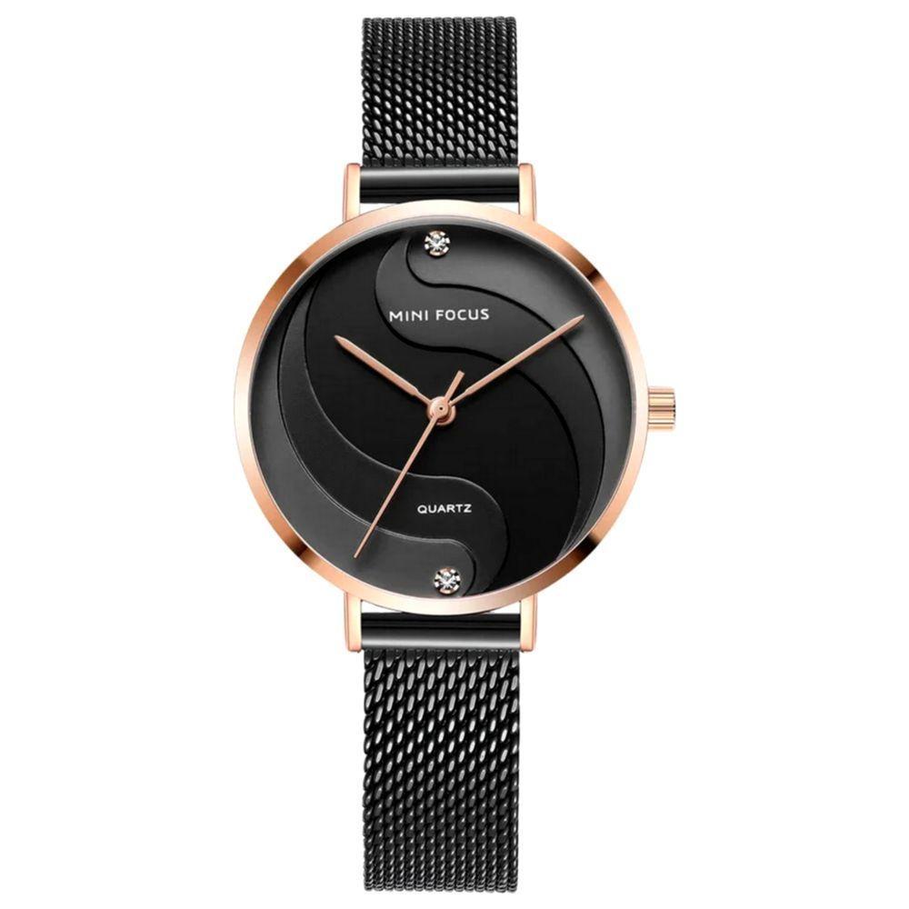 Relógio De Quartzo Feminino Display Analógico De Malha Em Aço Inoxidavel Impermeavel Preto - 1