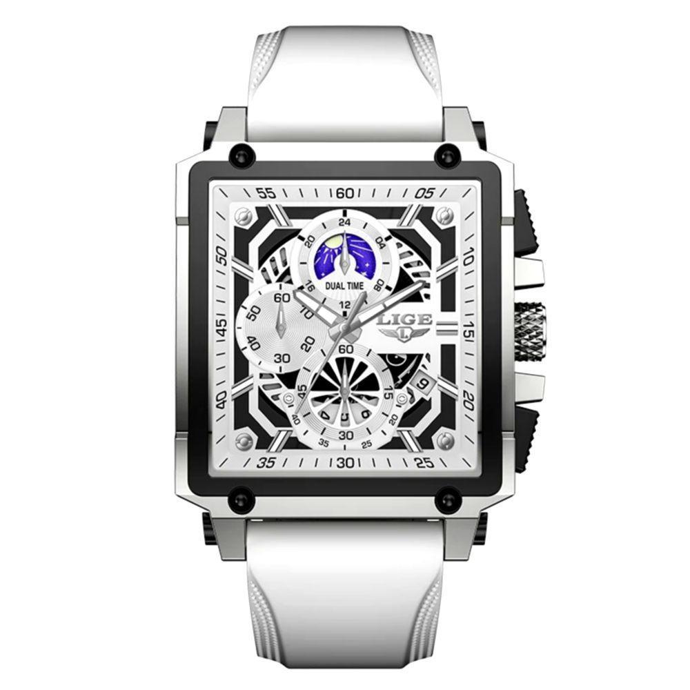 Relógio Quartzo Com Cronógrafo Esportivo Masculino Design Tonneau Impermeável 3atm Branco - 1