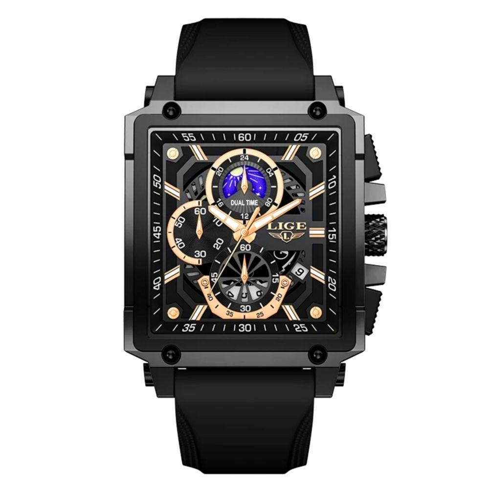 Relógio Quartzo Com Cronógrafo Esportivo Masculino Design Tonneau Impermeável 3atm Preto - 1