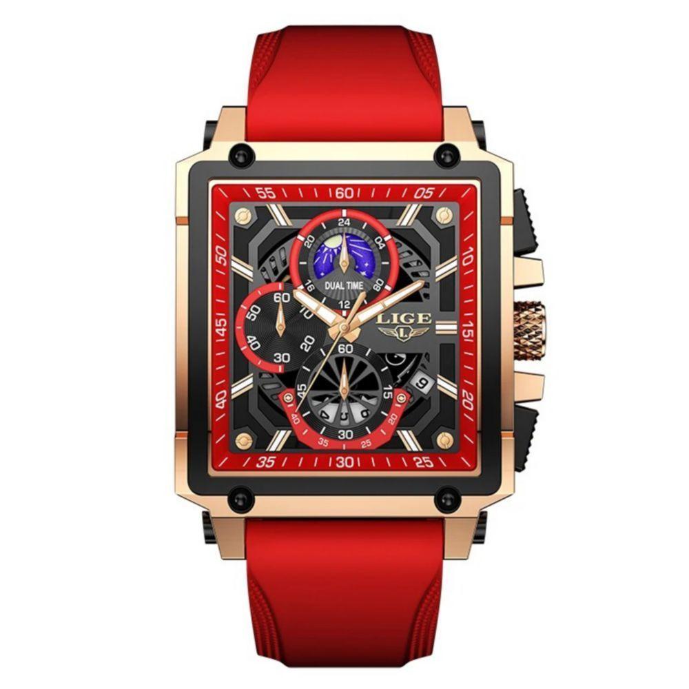 Relógio Quartzo Com Cronógrafo Esportivo Masculino Design Tonneau Impermeável 3atm Vermelho - 1