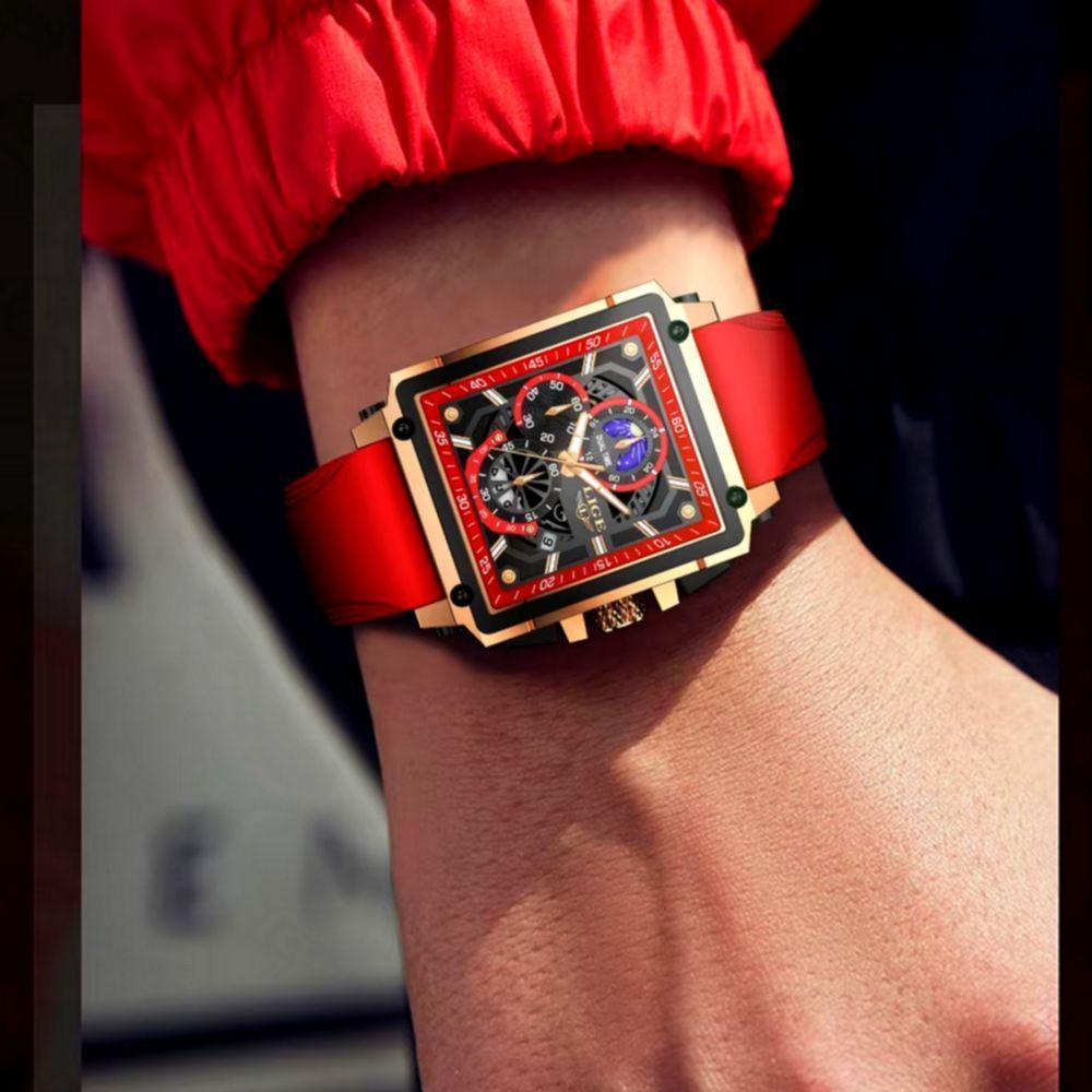 Relógio Quartzo Com Cronógrafo Esportivo Masculino Design Tonneau Impermeável 3atm Vermelho - 2