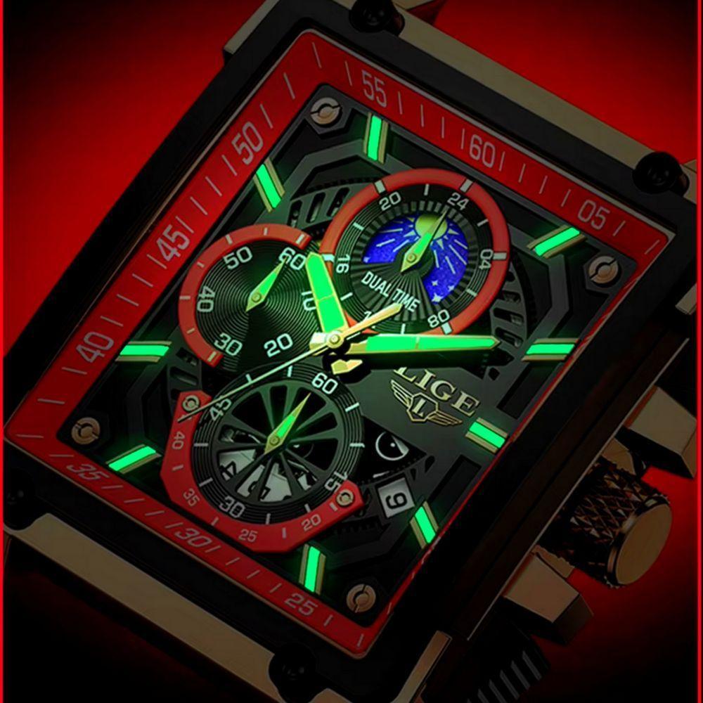 Relógio Quartzo Com Cronógrafo Esportivo Masculino Design Tonneau Impermeável 3atm Vermelho - 3