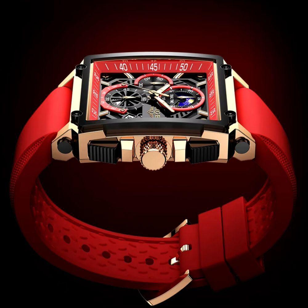 Relógio Quartzo Com Cronógrafo Esportivo Masculino Design Tonneau Impermeável 3atm Vermelho - 5