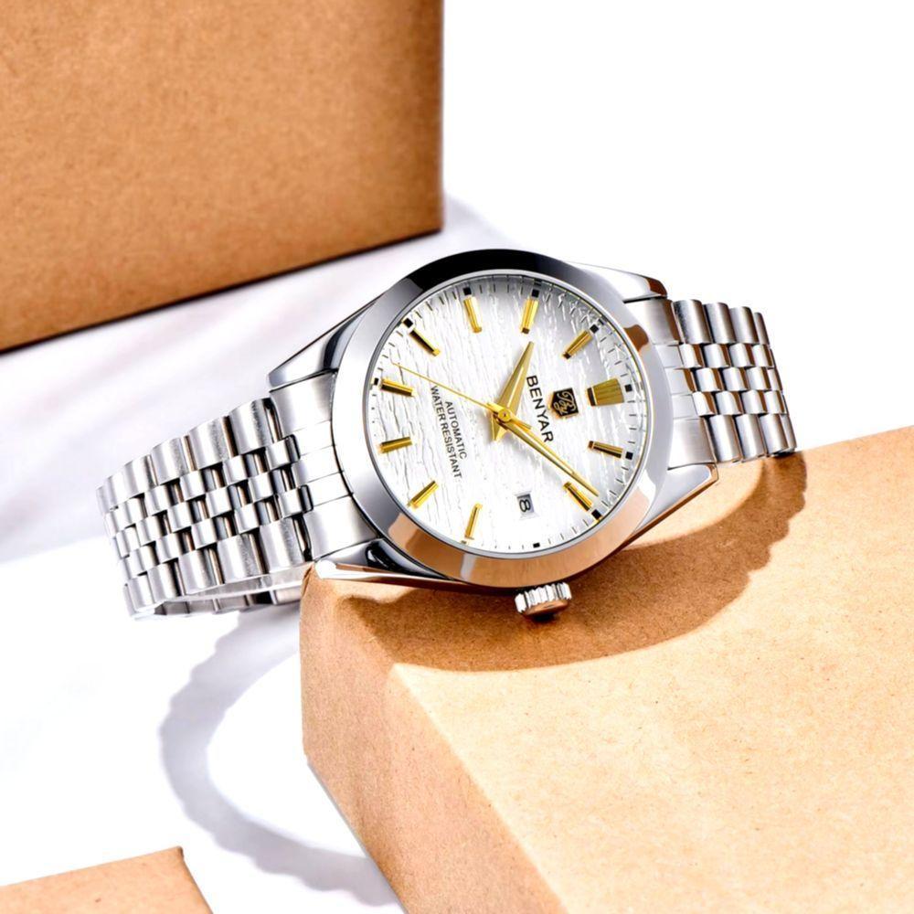 Relógio De Pulso Mecânico Automático Clássico Em Aço Inoxidável Com Data Automatica Impermeavel Branco - 3