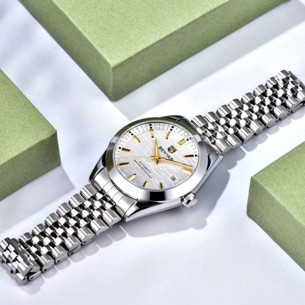 Relógio De Pulso Mecânico Automático Clássico Em Aço Inoxidável Com Data Automatica Impermeavel Branco - 4