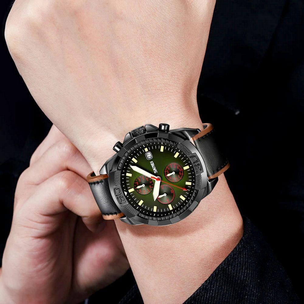 Relógio De Quartzo Masculino Pulseira De Couro Genuíno Multifuncional 3atm Impermeável Verde - 2