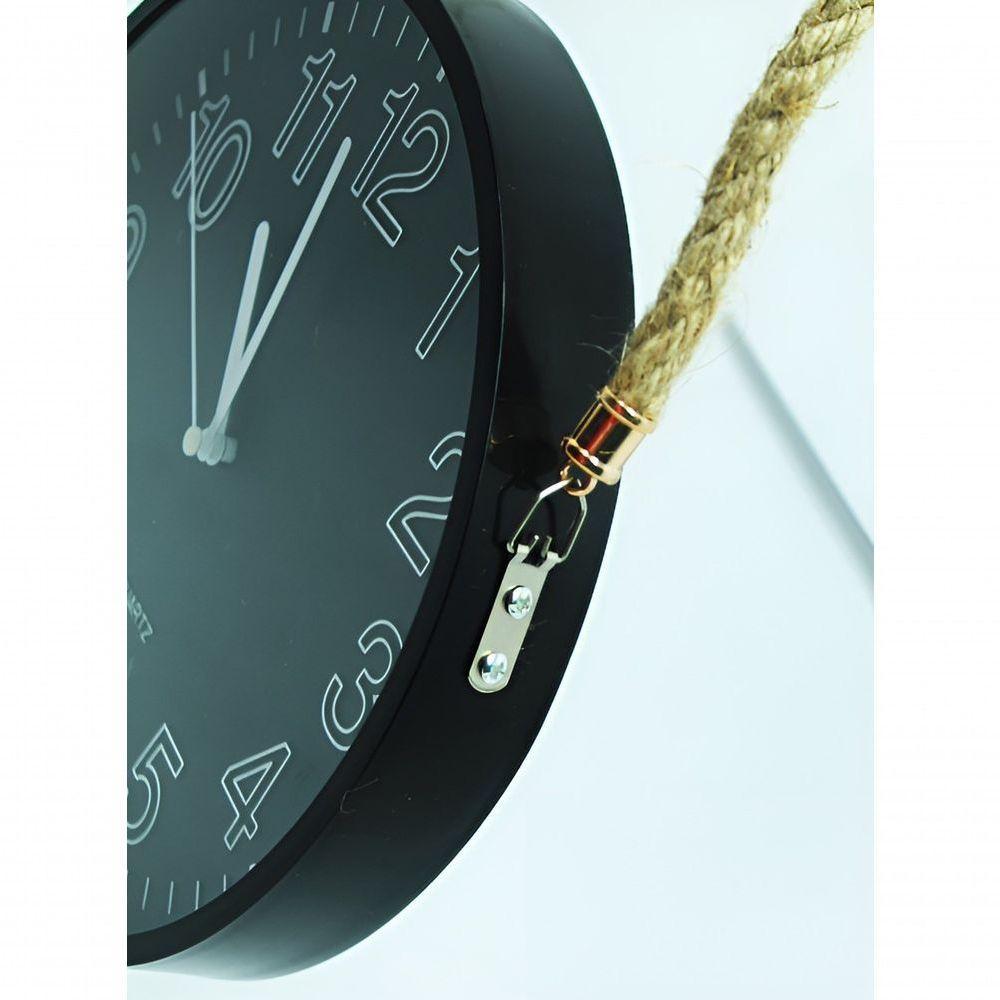 Relógio De Parede Black Quartz Redondo Com Corda De Sisal - 4