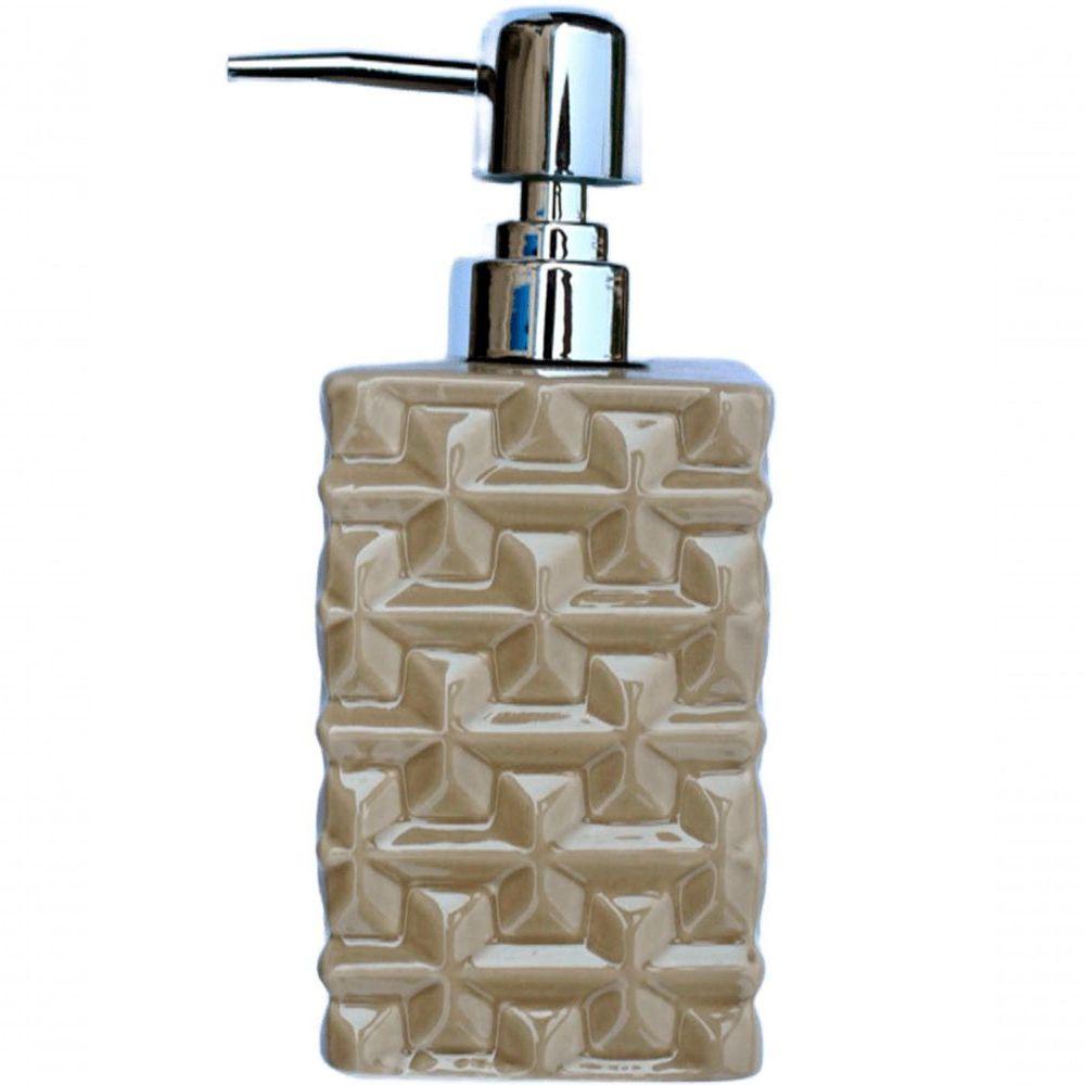 Saboneteira Liquida Banheiro Cerâmica Bege E Prata De 350ml - 1
