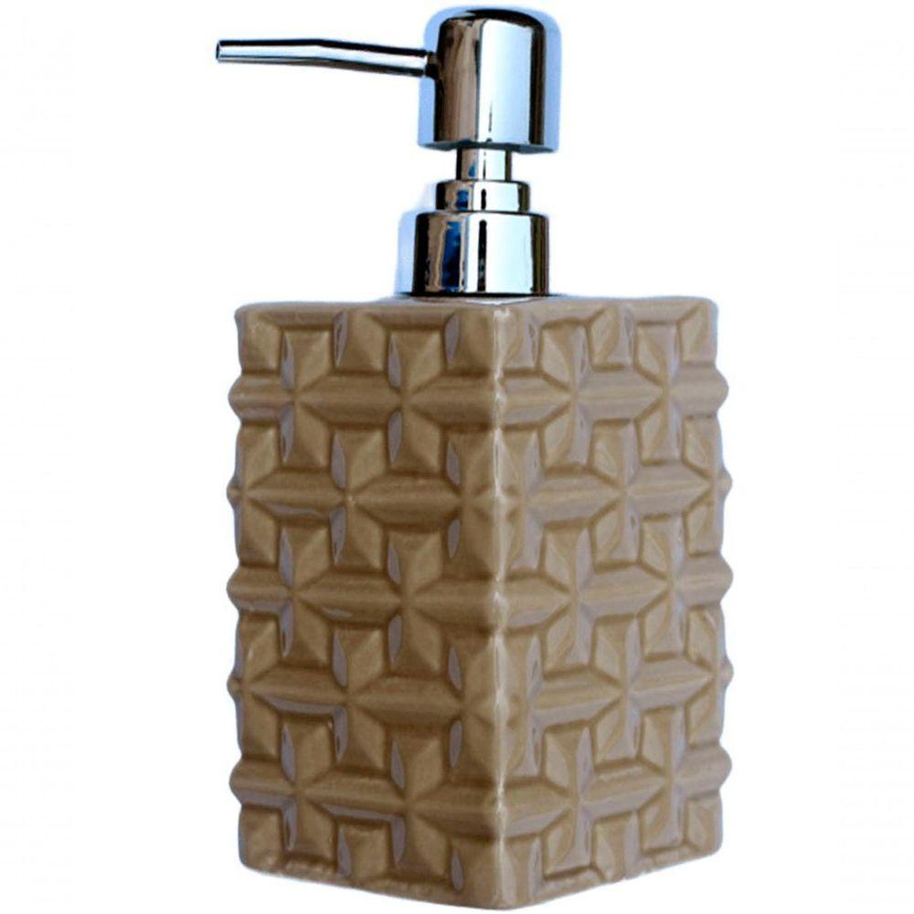 Saboneteira Liquida Banheiro Cerâmica Bege E Prata De 350ml - 3