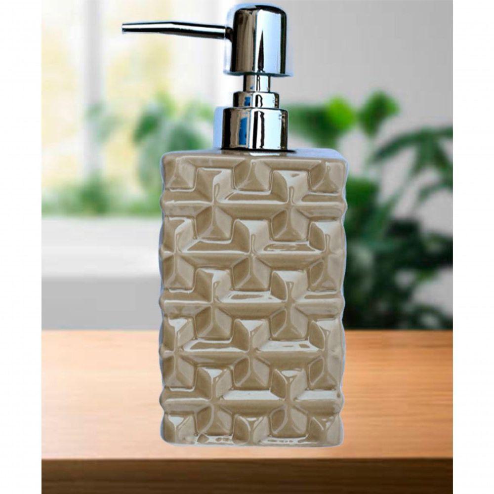 Saboneteira Liquida Banheiro Cerâmica Bege E Prata De 350ml - 5