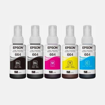 Kit 5x Tinta Epson Original T664 2x Pretos 3x Coloridos 664 L395 L380 L375 L220 L455 - Refil