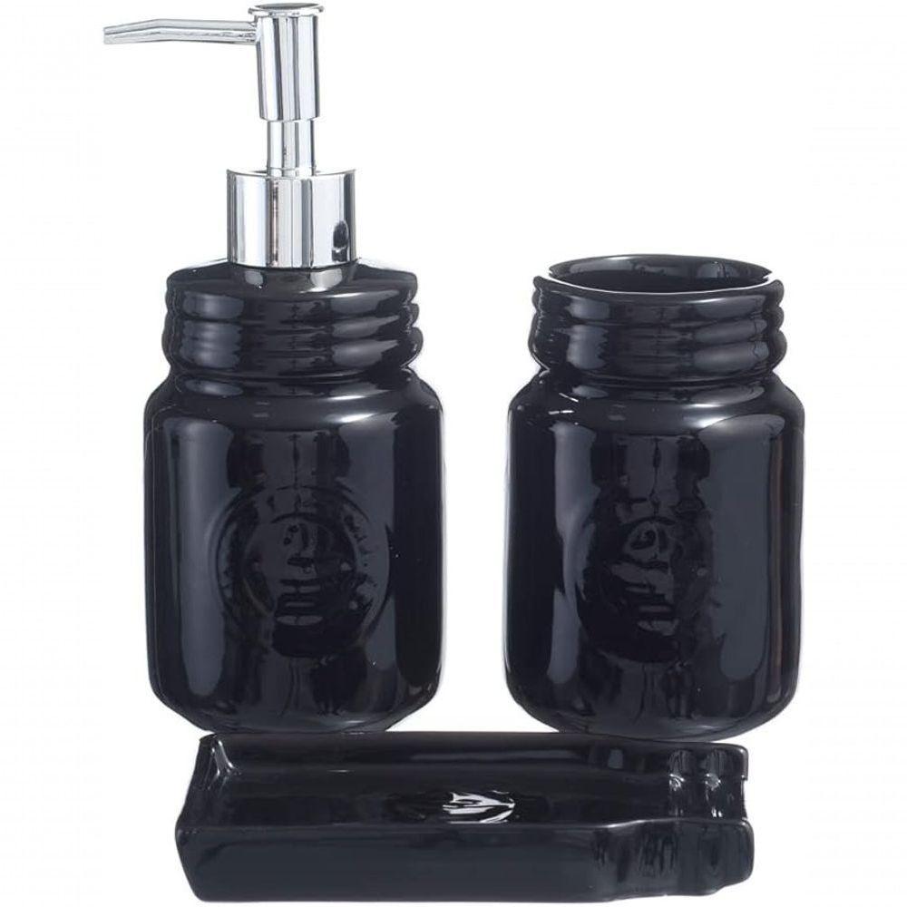 Kit Banheiro Lavabo Acessórios De Luxo Cerâmica Preto 3 Peças - 3