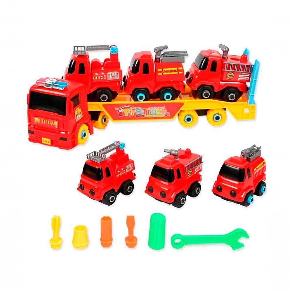 Carro Cegonha 3 Carrinhos Monta Desmonta Bombeiros Vermelho - 1