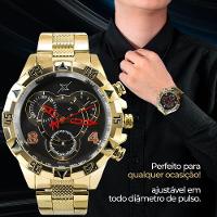 Relogio Masculino Dourado Inoxidavel Aço + Caixa Premium Grande Analogico Mostrador Preto Ponteiro - 3