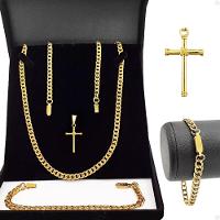 Pingente Cruz + Pulseira Grumet + Corrente Banhada Aço Inox - 1