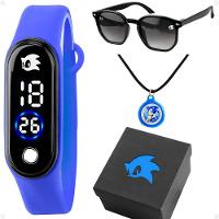 Relogio Infantil Digital Sonic + Oculos Sol + Colar + Caixa Kids Azul Presente Led Qualidade Premium - 1