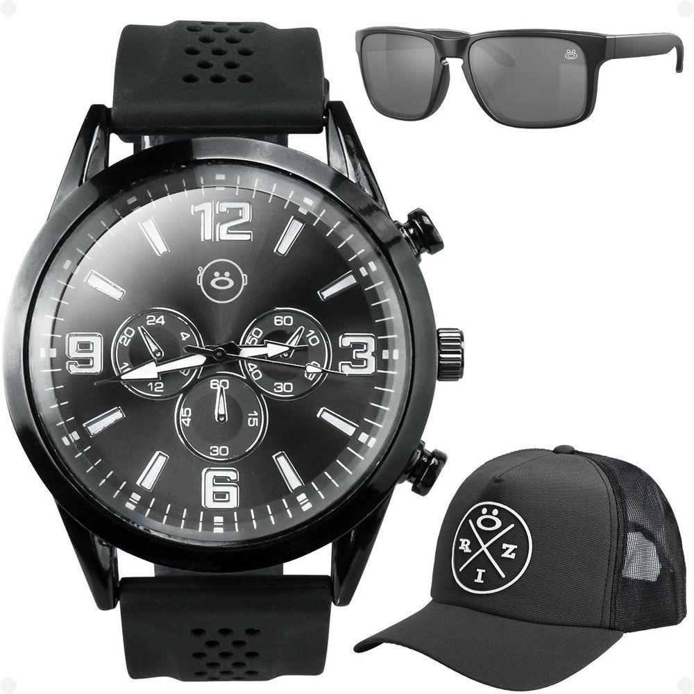 Relogio Masculino Aço Inox + Oculos Sol Proteção Uv + Boné Presente Analogico Silicone Social Casual - 1