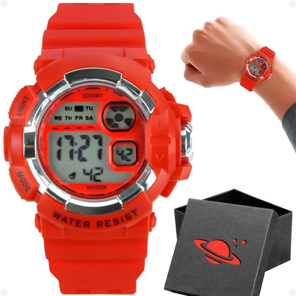 Relogio Digital Infantil Silicone Menino Criança + Caixa Vermelho Kids Adolescente Alarme Original - 1