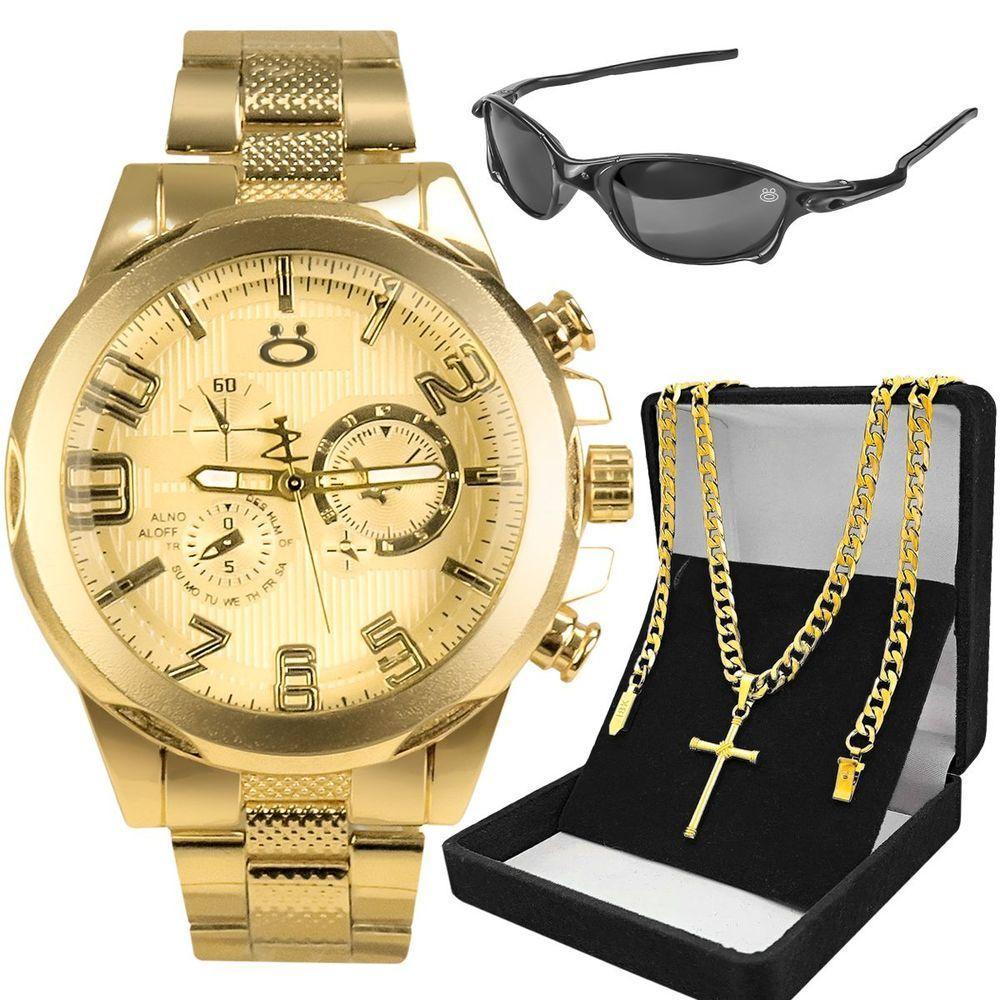 Relogio Masculino Dourado Aço Inox + Cordão + Oculos Sol Presente Ouro Proteção Uv Casual Social - 1