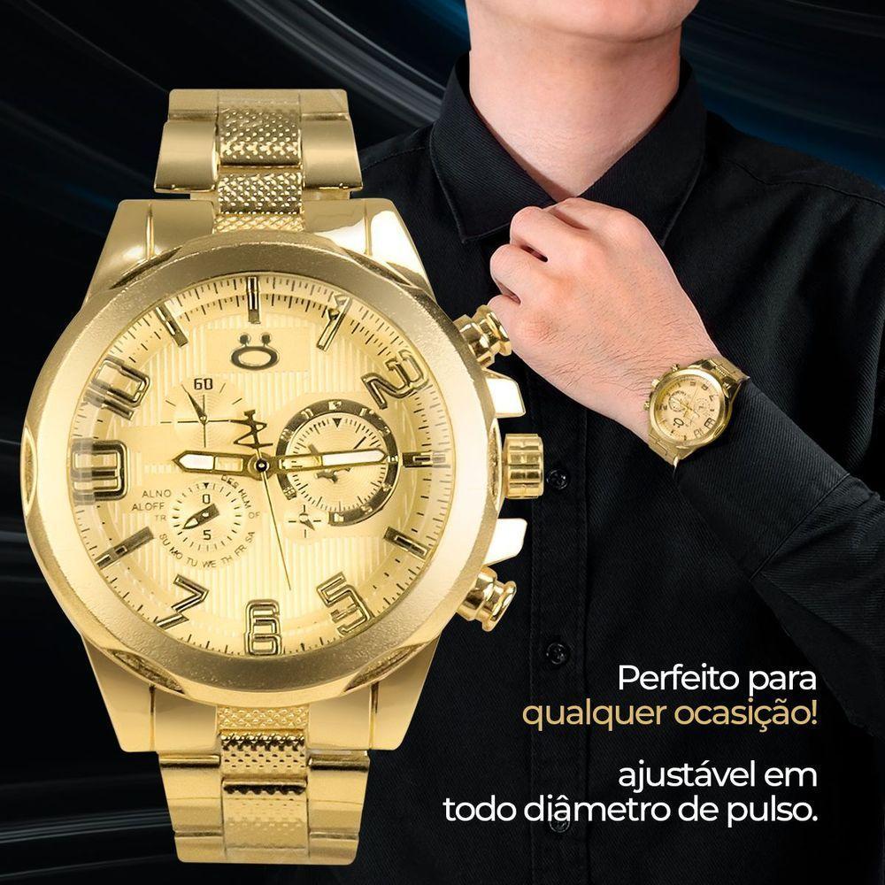 Relogio Masculino Dourado Aço Inox + Cordão + Oculos Sol Presente Ouro Proteção Uv Casual Social - 9