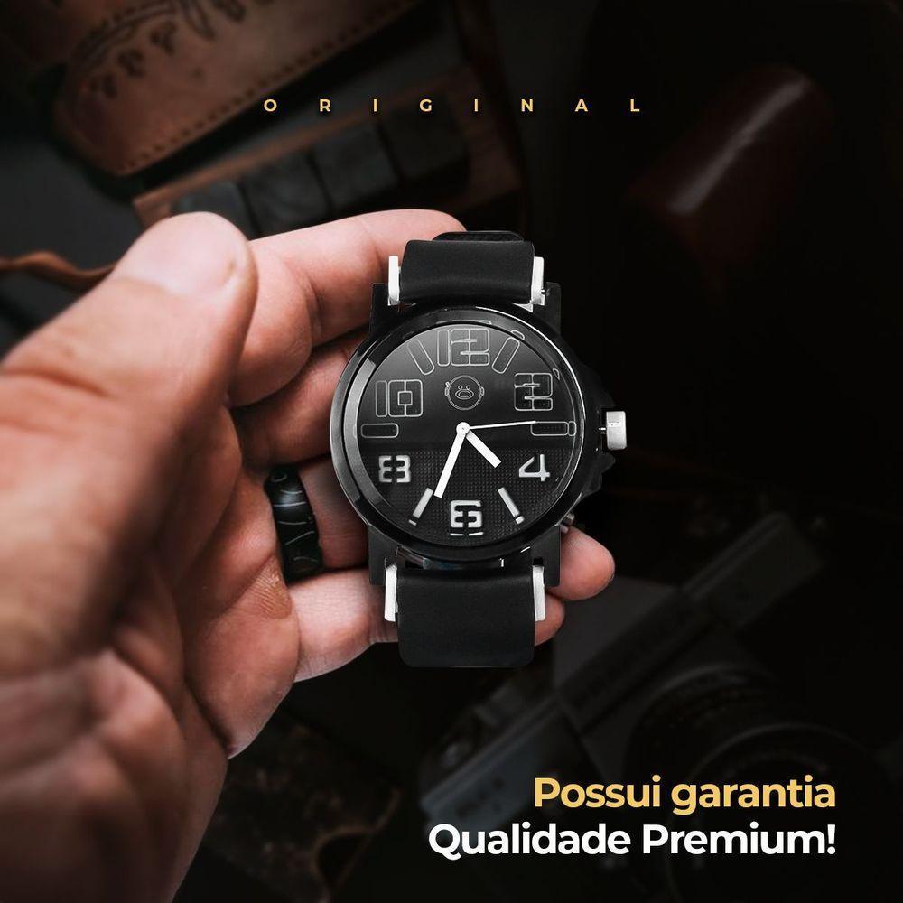 Relogio Masculino Aço Inox Silicone Preto + Caixa Premium Presente Robusto Branco Preto Social - 2