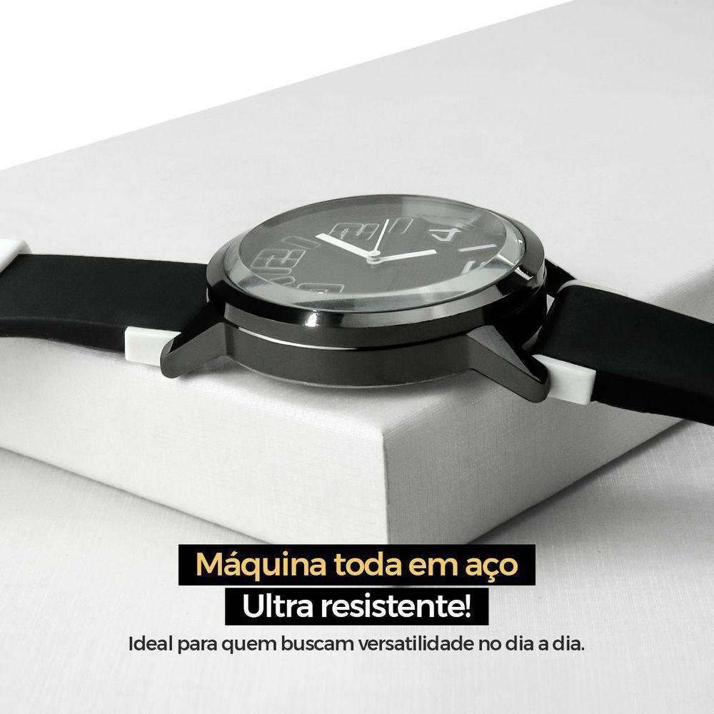Relogio Masculino Aço Inox Silicone Preto + Caixa Premium Presente Robusto Branco Preto Social - 3