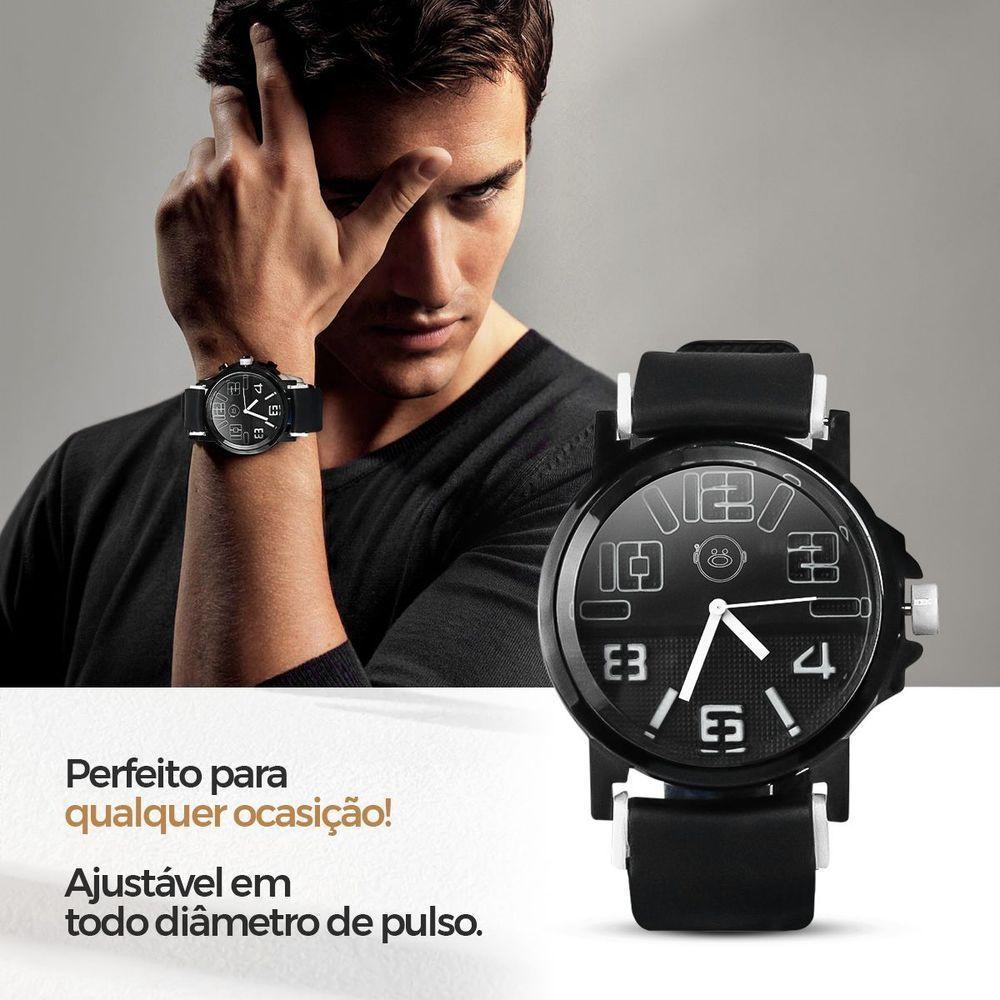 Relogio Masculino Aço Inox Silicone Preto + Caixa Premium Presente Robusto Branco Preto Social - 4