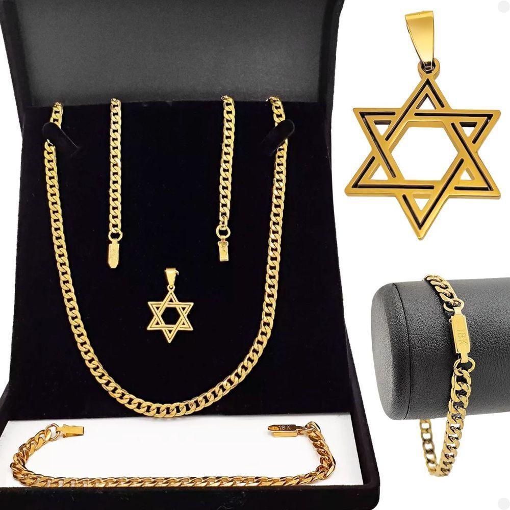 Kit Acessórios Corrente Pingente Estrela Davi Pulseira Aço - 1